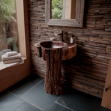 Driftwood Rustic Hand-Sculpted Solid Wood Pedestal Bathroom Sink