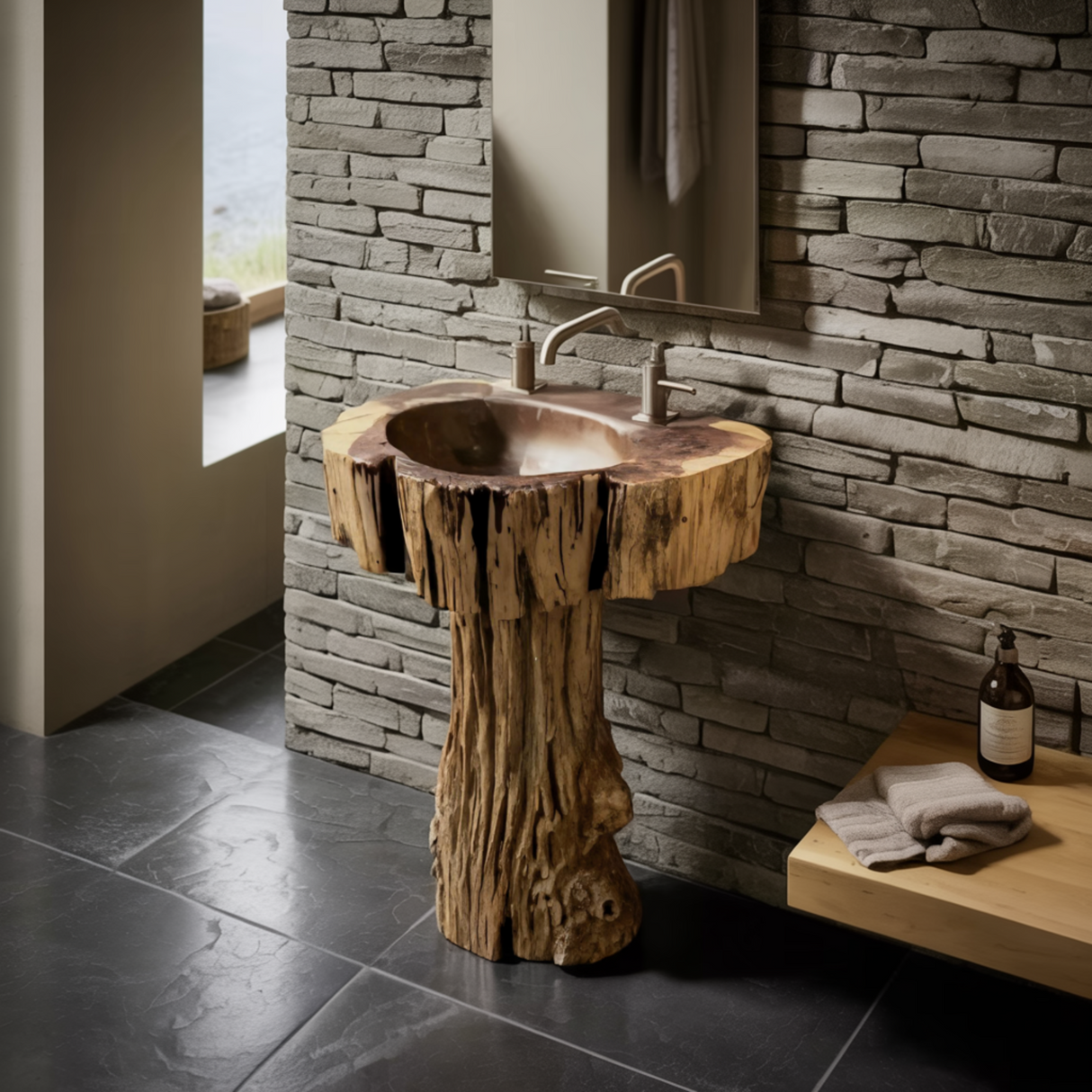 Driftwood Rustic Hand-Sculpted Solid Wood Pedestal Bathroom Sink