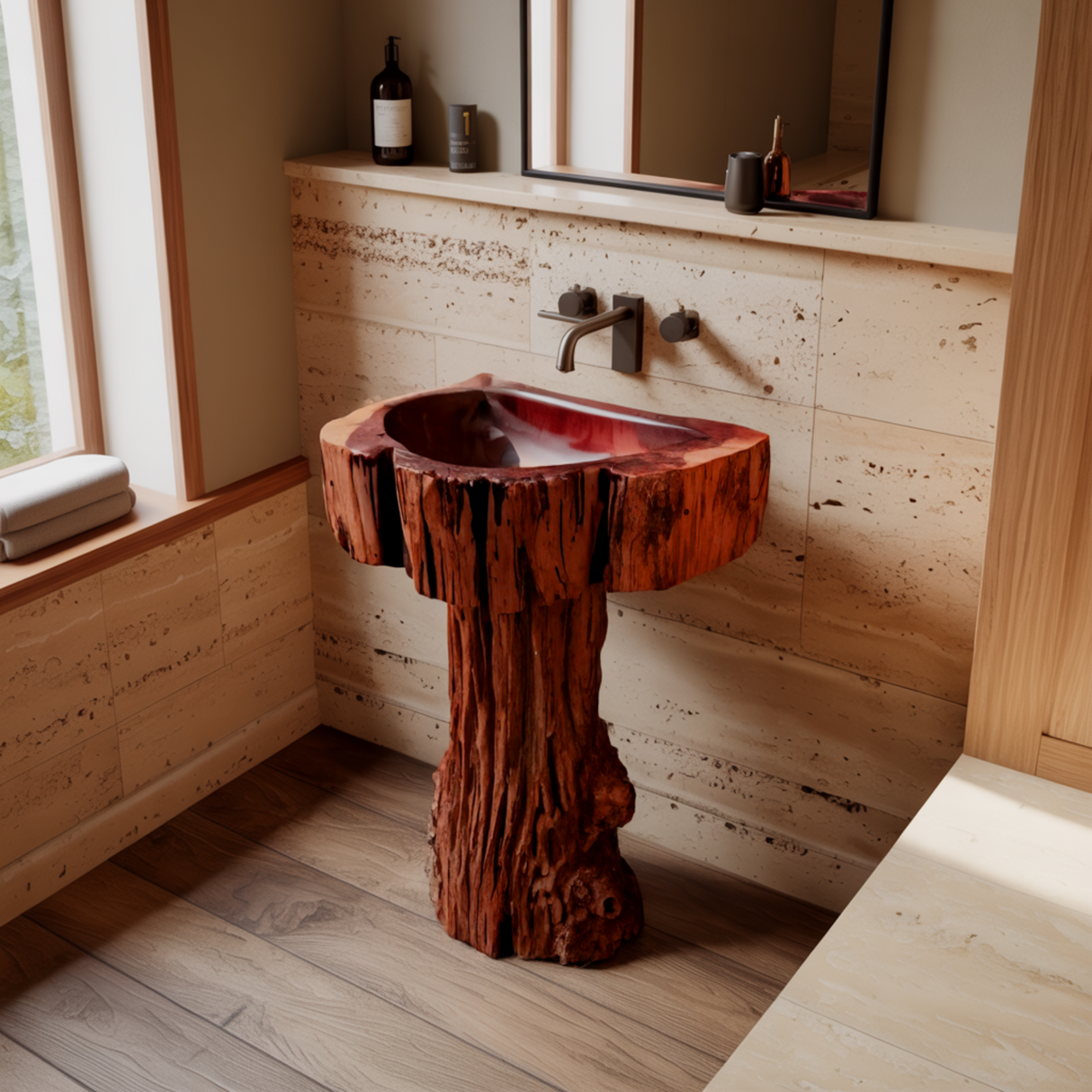 Driftwood Rustic Hand-Sculpted Solid Wood Pedestal Bathroom Sink