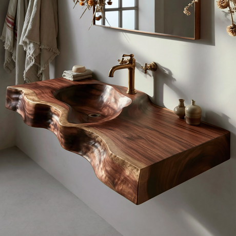 Duskridge Handcrafted Live Edge Solid Wood Floating Bathroom Vanity with Integrated Sink - Timberustic Floating Bathroom Vanity with Integrated Sink