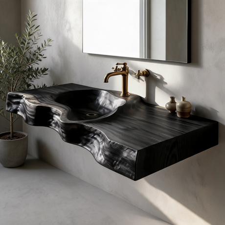 Duskridge Handcrafted Live Edge Solid Wood Floating Bathroom Vanity with Integrated Sink Black - Timberustic Floating Bathroom Vanity with Integrated Sink