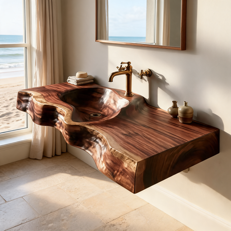 Duskridge Handcrafted Live Edge Solid Wood Floating Bathroom Vanity with Integrated Sink Brown - Timberustic Floating Bathroom Vanity with Integrated Sink