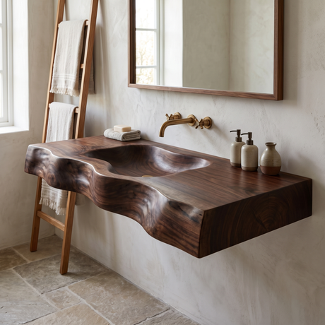 Duskridge Handcrafted Live Edge Solid Wood Floating Bathroom Vanity with Integrated Sink Dark Walnut - Timberustic Floating Bathroom Vanity with Integrated Sink