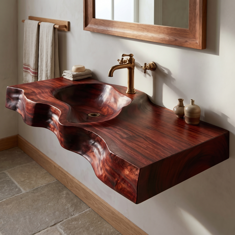 Duskridge Handcrafted Live Edge Solid Wood Floating Bathroom Vanity with Integrated Sink Mahogany - Timberustic Floating Bathroom Vanity with Integrated Sink