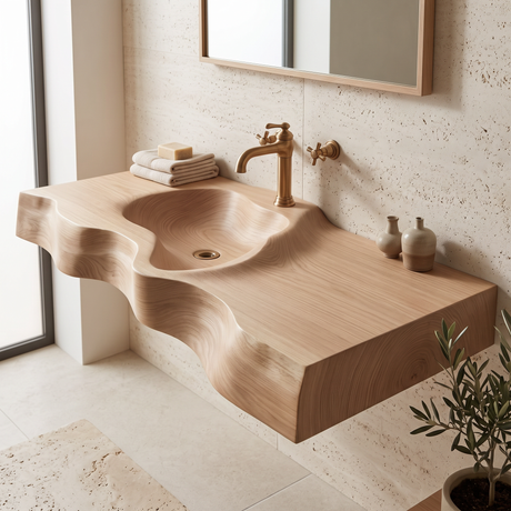 Duskridge Handcrafted Live Edge Solid Wood Floating Bathroom Vanity with Integrated Sink Natural Oak - Timberustic Floating Bathroom Vanity with Integrated Sink