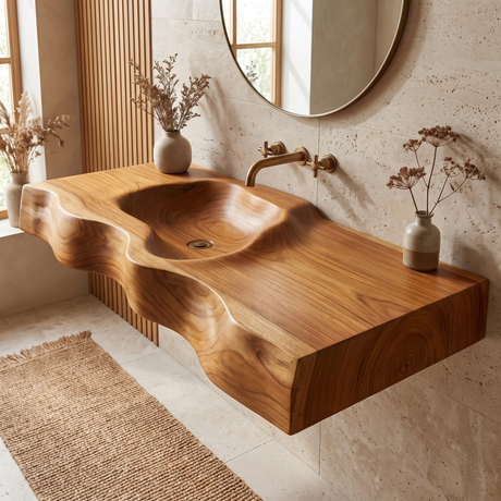 Duskridge Handcrafted Live Edge Solid Wood Floating Bathroom Vanity with Integrated Sink Teak - Timberustic Floating Bathroom Vanity with Integrated Sink