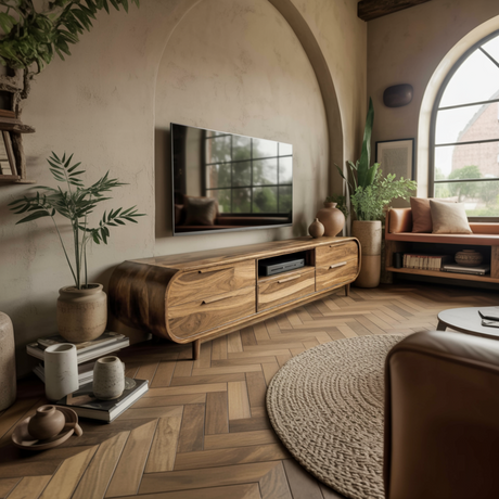 Echra Mid-Century Handcrafted Solid Wood TV Cabinet with Drawers