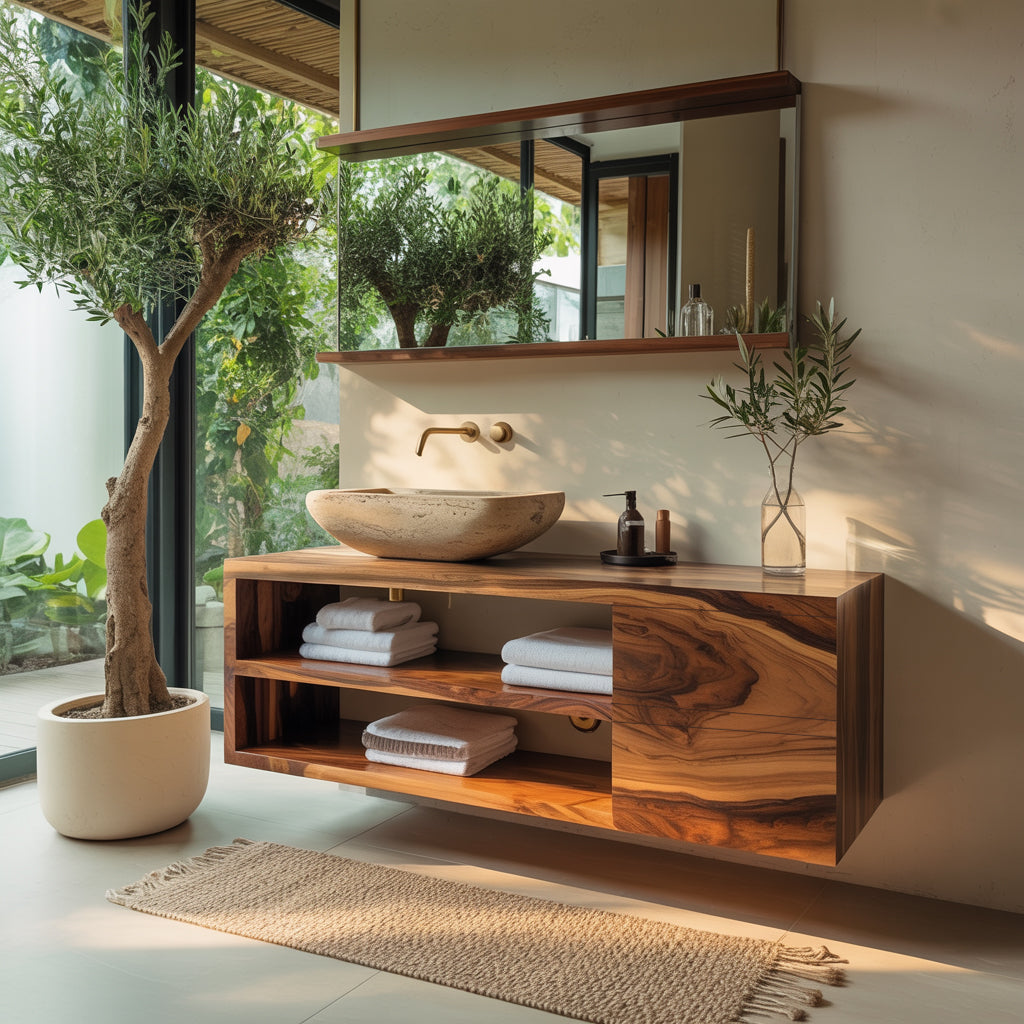 Echra Modern Japandi Handcrafted Solid Wood Floating Bathroom Vanity With Drawers