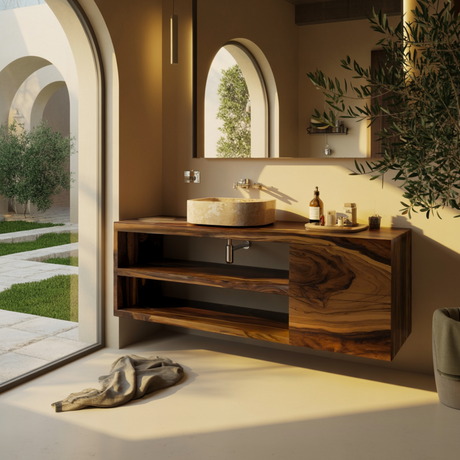 Echra Modern Japandi Handcrafted Solid Wood Floating Bathroom Vanity With Drawers