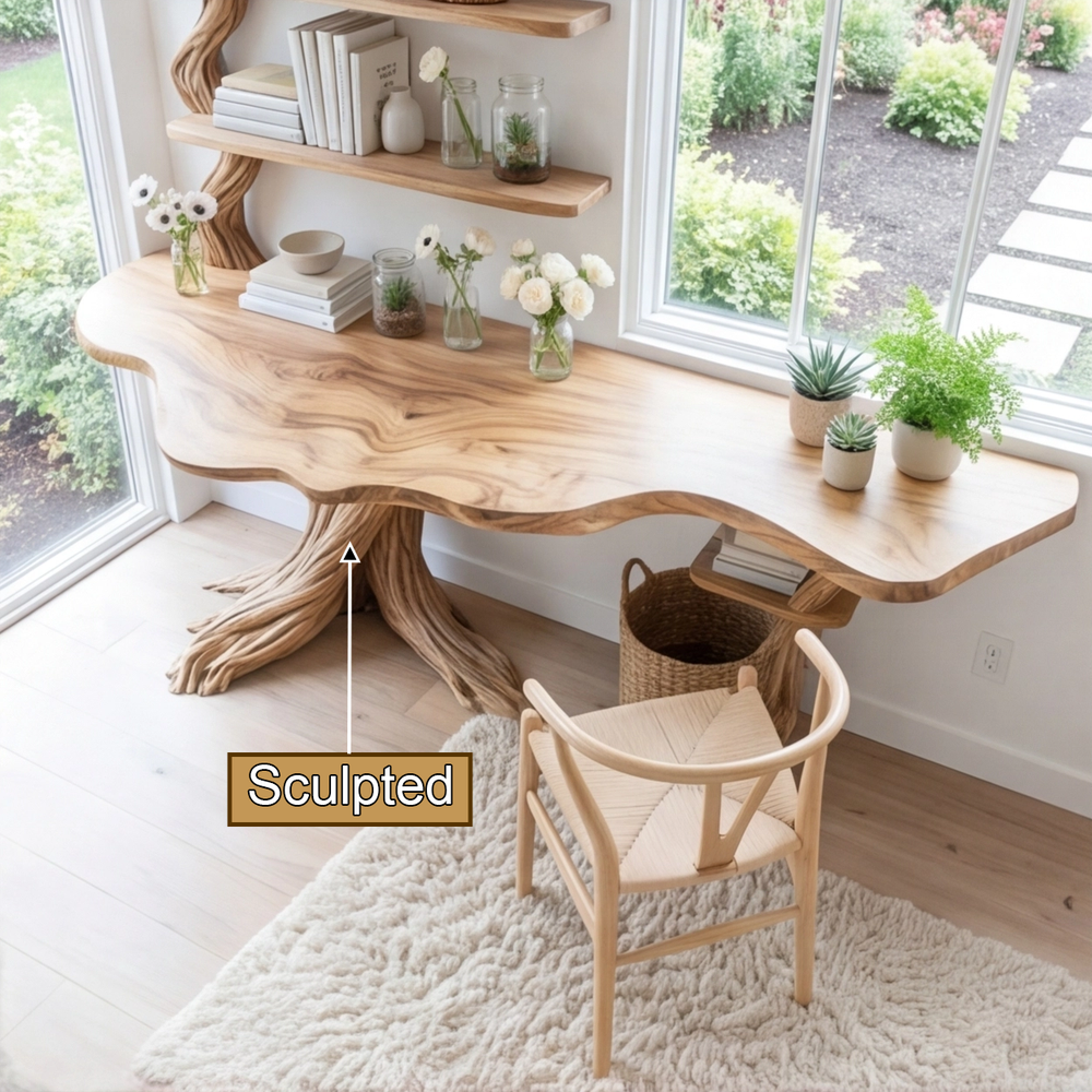 Elarin Sculpted Solid Wood Console Table with Shelves, Organic Modern ...