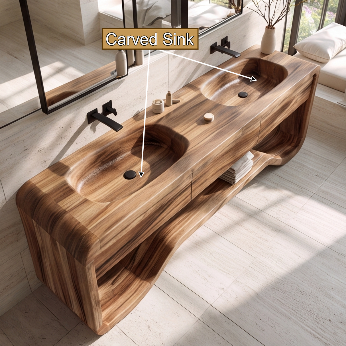 Elarion Handcrafted Solid Wood Freestanding Bathroom Vanity with Integrated Sinks and Drawers