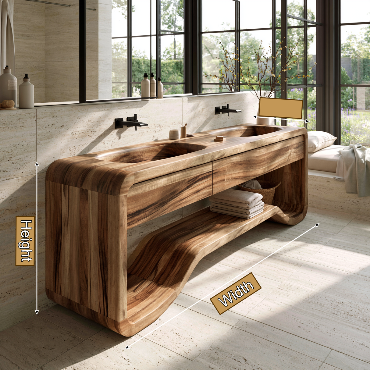 Elarion Handcrafted Solid Wood Freestanding Bathroom Vanity with Integrated Sinks and Drawers