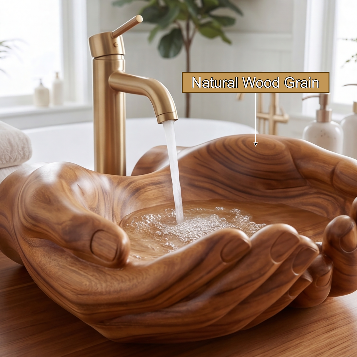 Elarion Handcrafted Solid Wood Hands-Shaped Vessel Sink