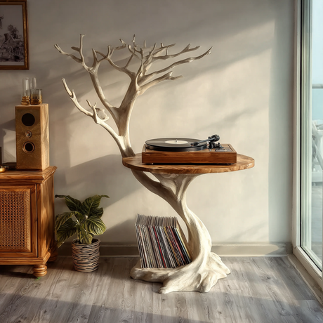 Elarion Handcrafted Solid Wood Tree Record Player Stand SPA912834 - Timberustic Record Player Stand With Storage
