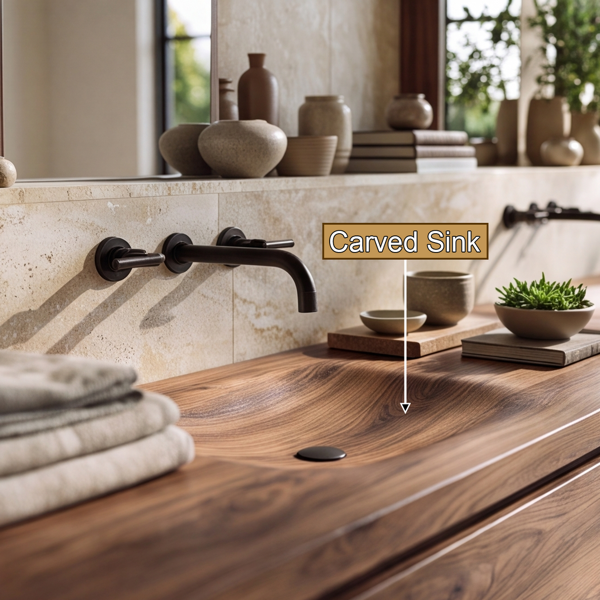 Elarion Sculpted Solid Wood Floating Bathroom Vanity with Integrated Sinks and Drawers
