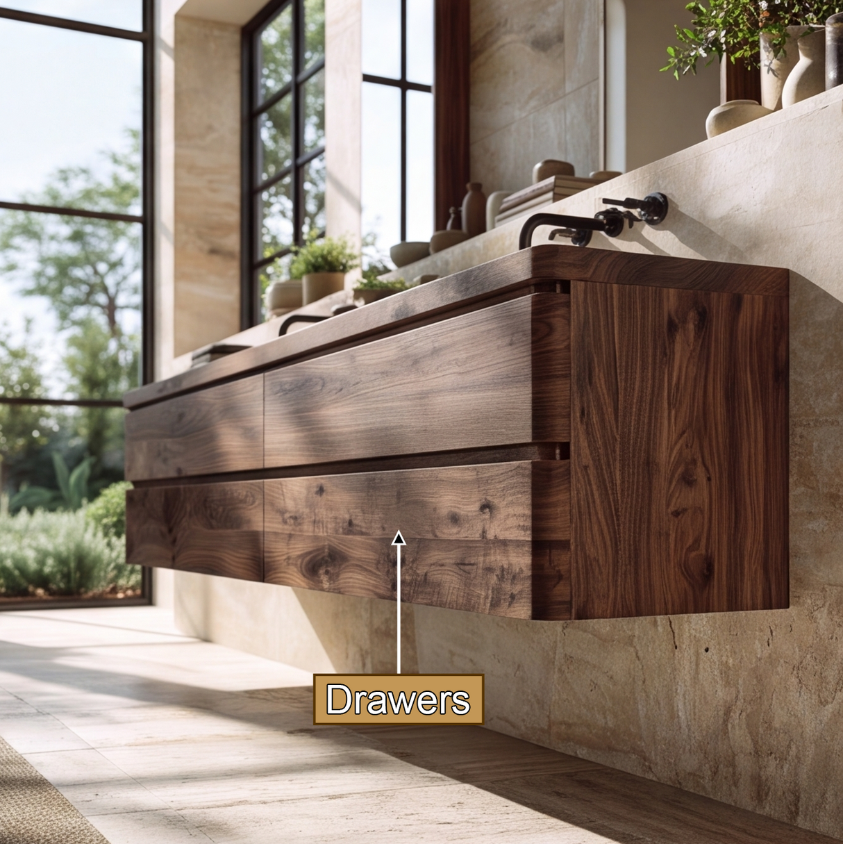 Elarion Sculpted Solid Wood Floating Bathroom Vanity with Integrated Sinks and Drawers
