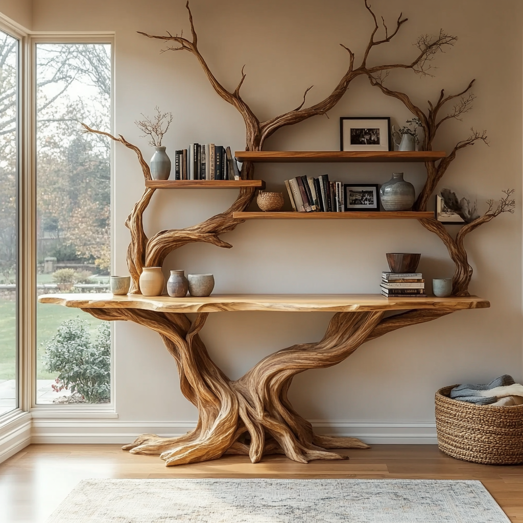 Elarion Tree Trunk Sculpted Solid Wood Console Table with Shelves - Timberustic Console Table with Shelves