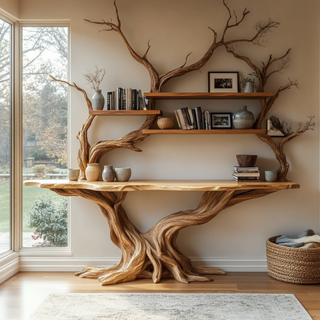 Elarion Tree Trunk Sculpted Solid Wood Console Table with Shelves - Timberustic Console Table with Shelves