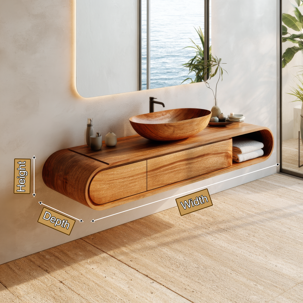 Elaris Curved Solid Wood Floating Bathroom Vanity with Drawers SPA984822 - Timberustic Floating Bathroom Vanity With Drawers