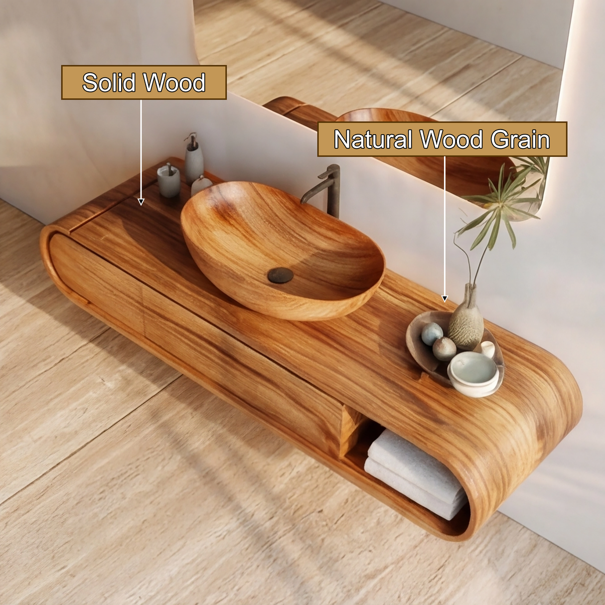 Elaris Curved Solid Wood Floating Bathroom Vanity with Drawers SPA984822 - Timberustic Floating Bathroom Vanity With Drawers