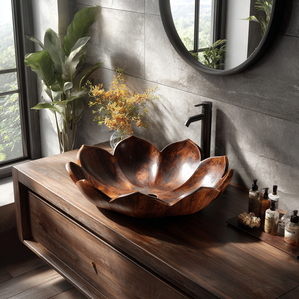 Elaris Handcrafted Solid Wood Flower Vessel Sink