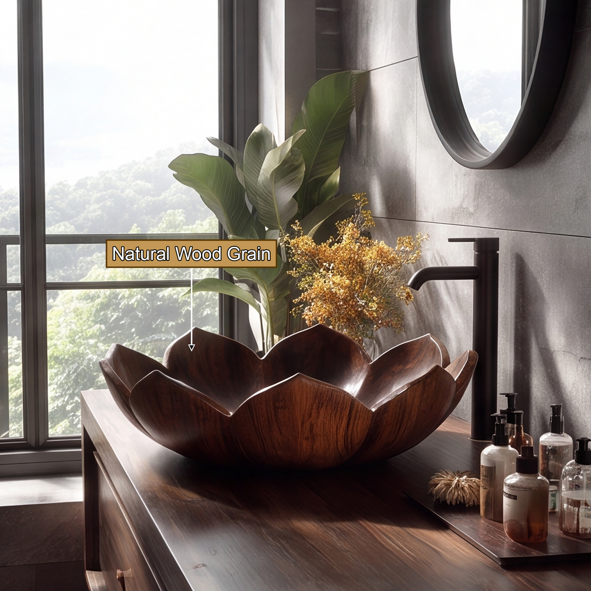 Elaris Handcrafted Solid Wood Flower Vessel Sink