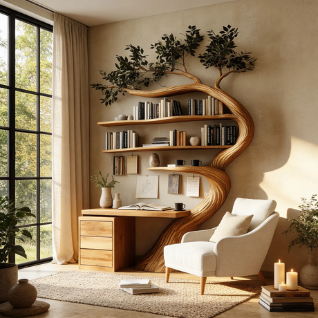 Elarivyn Sculpted Solid Wood Tree Bookshelf with Drawers - Timberustic Tree Bookshelf