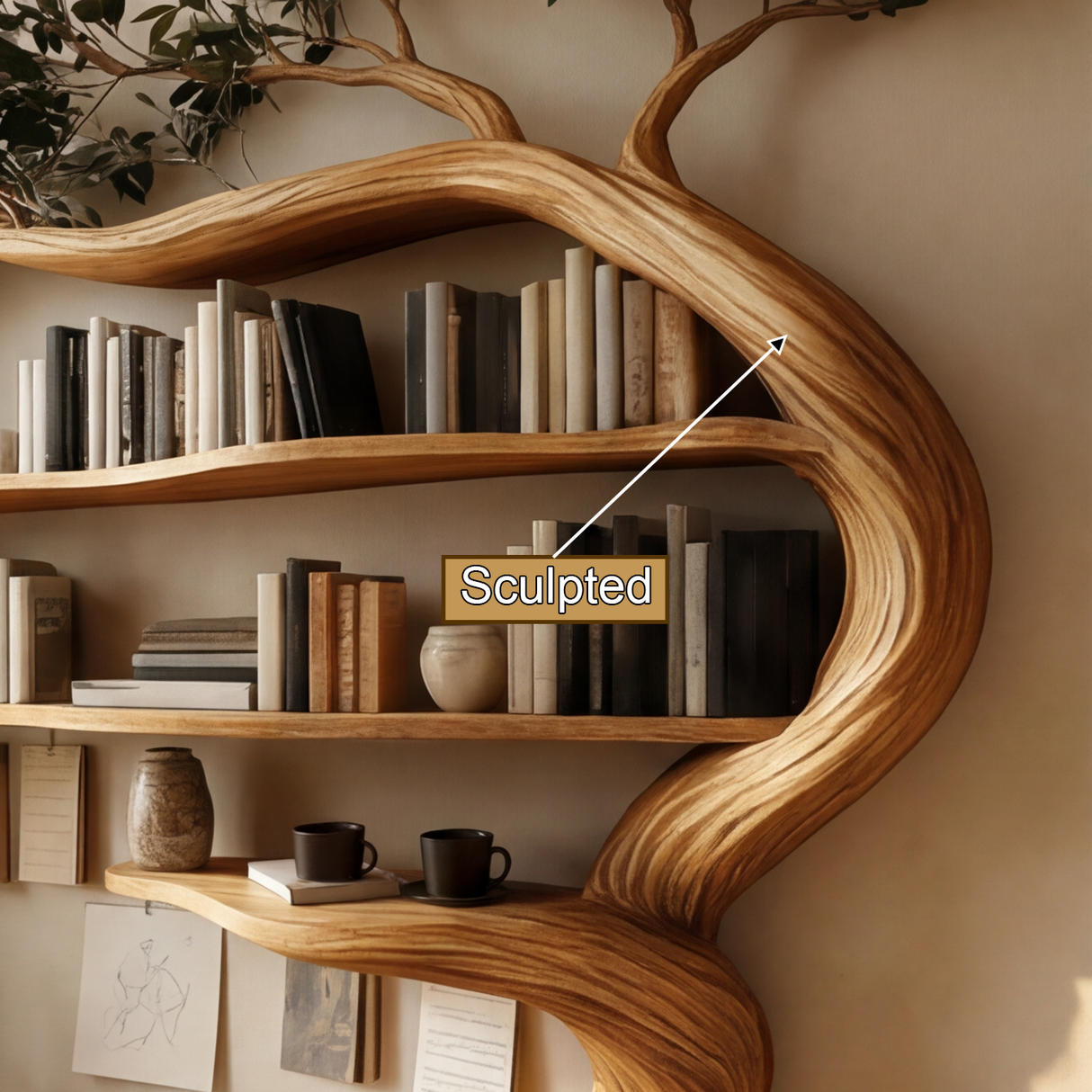 Elarivyn Sculpted Solid Wood Tree Bookshelf with Drawers - Timberustic Tree Bookshelf