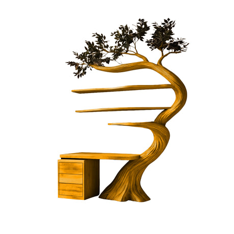 Elarivyn Sculpted Solid Wood Tree Bookshelf with Drawers Teak - Timberustic Tree Bookshelf