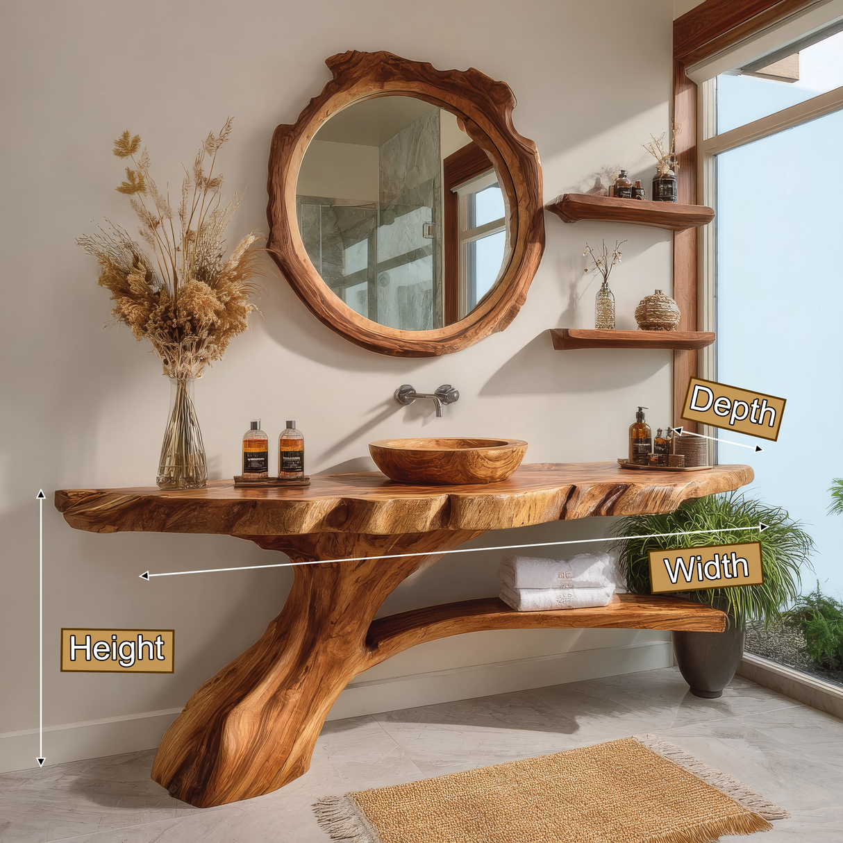 Elaro Rootform Solid Wood Freestanding Bathroom Vanity with Shelves - Timberustic Freestanding Bathroom Vanity with Shelves