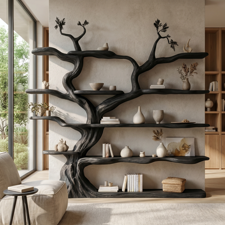 Elarwood Sculpted Solid Wood Tree Bookshelf Black - Timberustic Tree Bookshelf