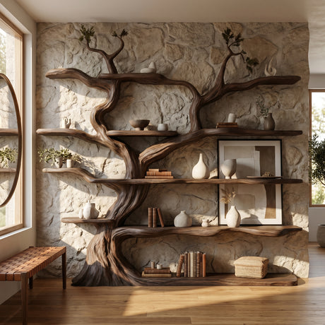 Elarwood Sculpted Solid Wood Tree Bookshelf Dark Walnut - Timberustic Tree Bookshelf