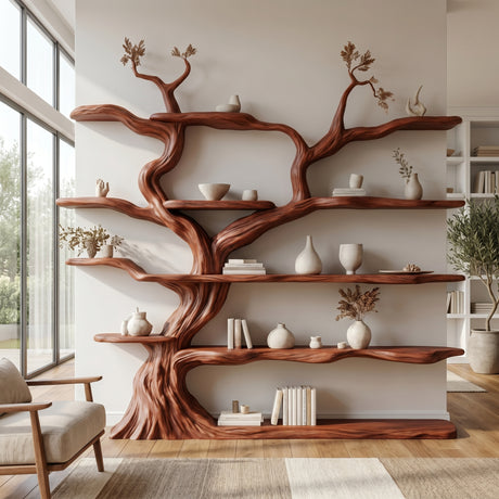 Elarwood Sculpted Solid Wood Tree Bookshelf Mahogany - Timberustic Tree Bookshelf