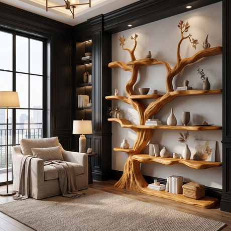 Elarwood Sculpted Solid Wood Tree Bookshelf Teak - Timberustic Tree Bookshelf