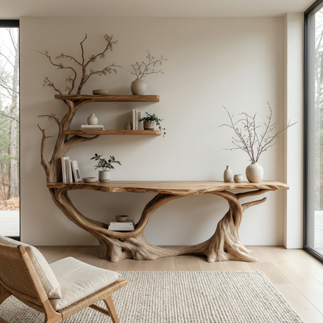 Eldorin Sculpted Solid Wood Console Table with Shelves - Timberustic Console Table with Shelves