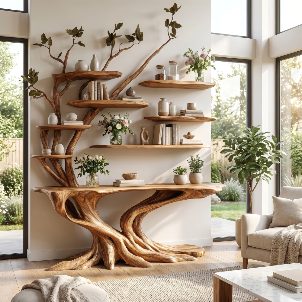 Eldorin Treeform Sculpted Solid Wood Console Table with Shelves ...