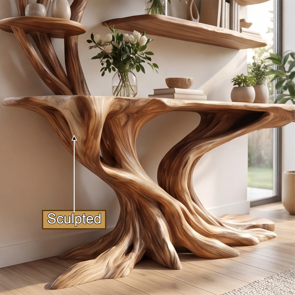 Eldorin Treeform Sculpted Solid Wood Console Table with Shelves - Timberustic Console Table with Shelves