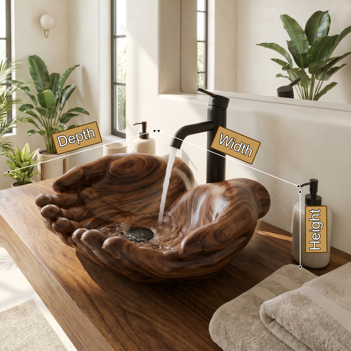Eldovar Handcrafted Solid Wood Hands-Shaped Vessel Sink