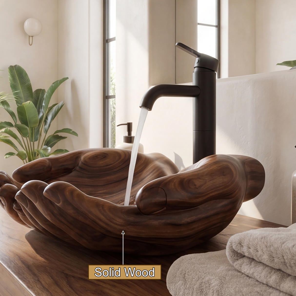 Eldovar Handcrafted Solid Wood Hands-Shaped Vessel Sink