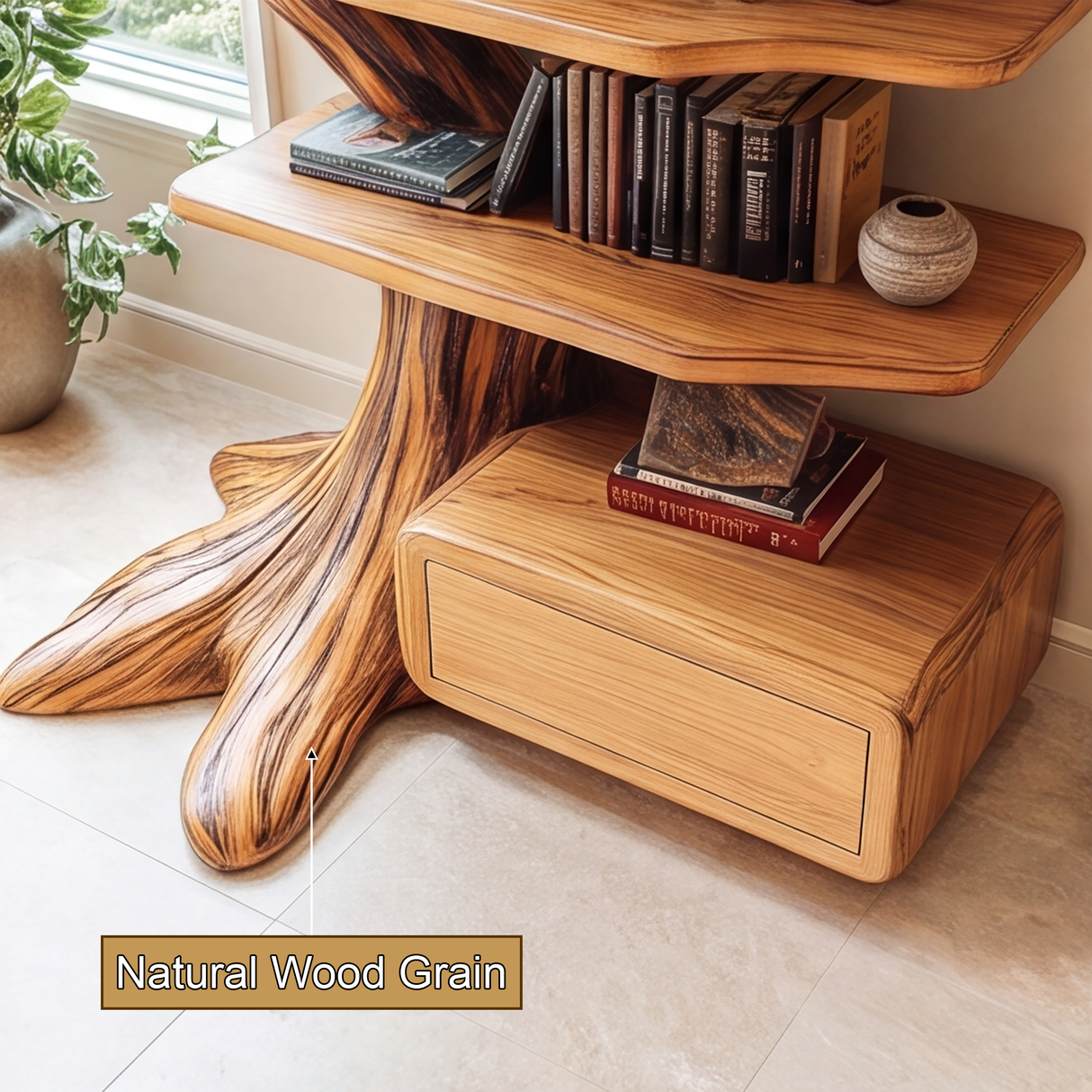 Eldrasyl Handcrafted Sculpted Solid Wood Tree Bookshelf with Drawers SPA235732