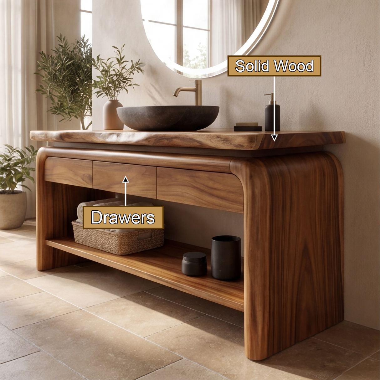 Elmridge Live Edge Solid Wood Freestanding Bathroom Vanity with Drawers