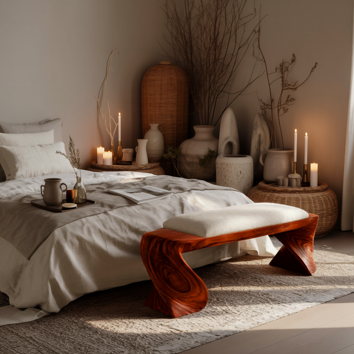 Elora Wave Sculptural Wood Bed Bench - Timberustic Bed Bench