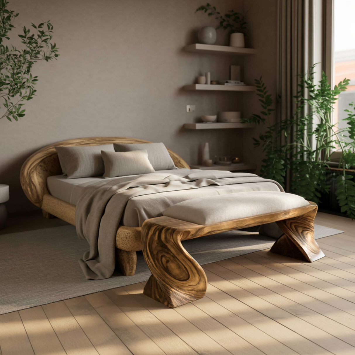 Elora Wave Sculptural Wood Bed Bench - Timberustic Bed Bench