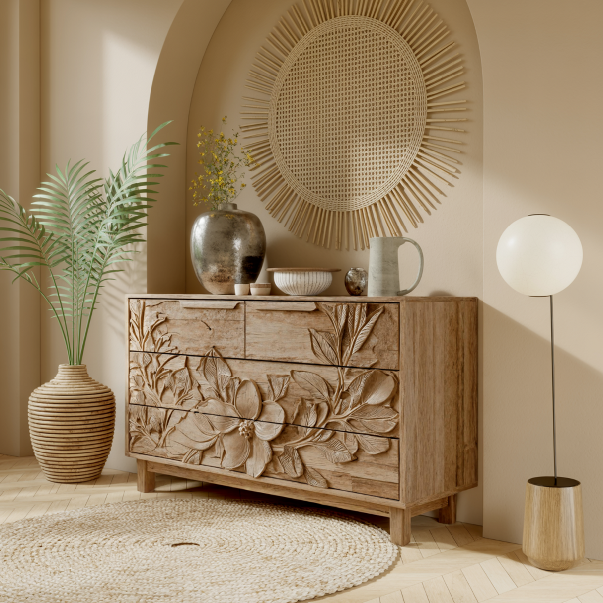 Elowen Botanical Hand-Carved Solid Wood Sideboard Cabinet