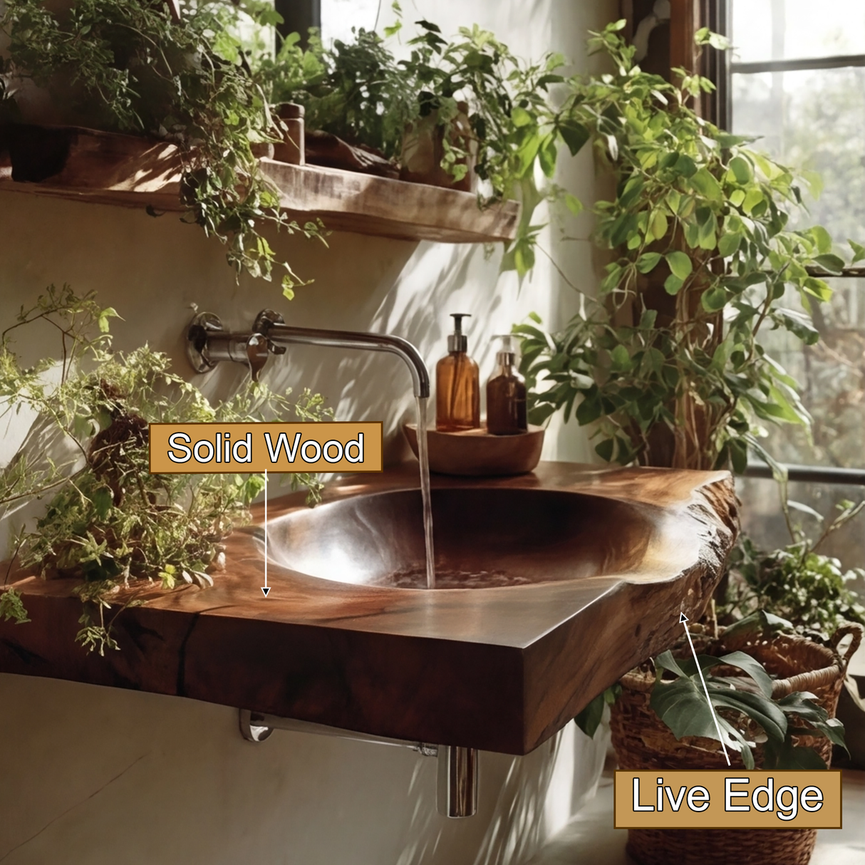 Elowen Live Edge Solid Wood Floating Bathroom Vanity with Integrated Sink - Timberustic Floating Bathroom Vanity with Integrated Sink