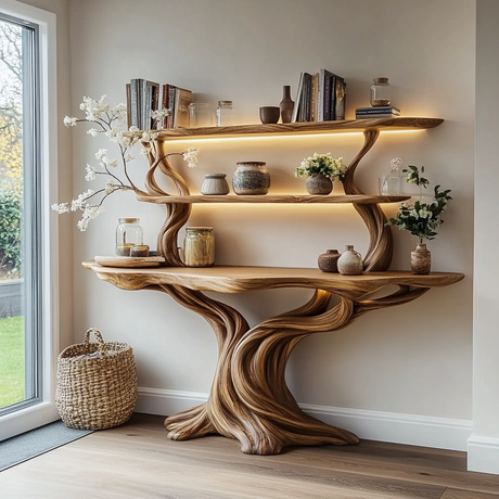 Elowen Sculpted Solid Wood Console Table with Shelves - Timberustic Console Table with Shelves