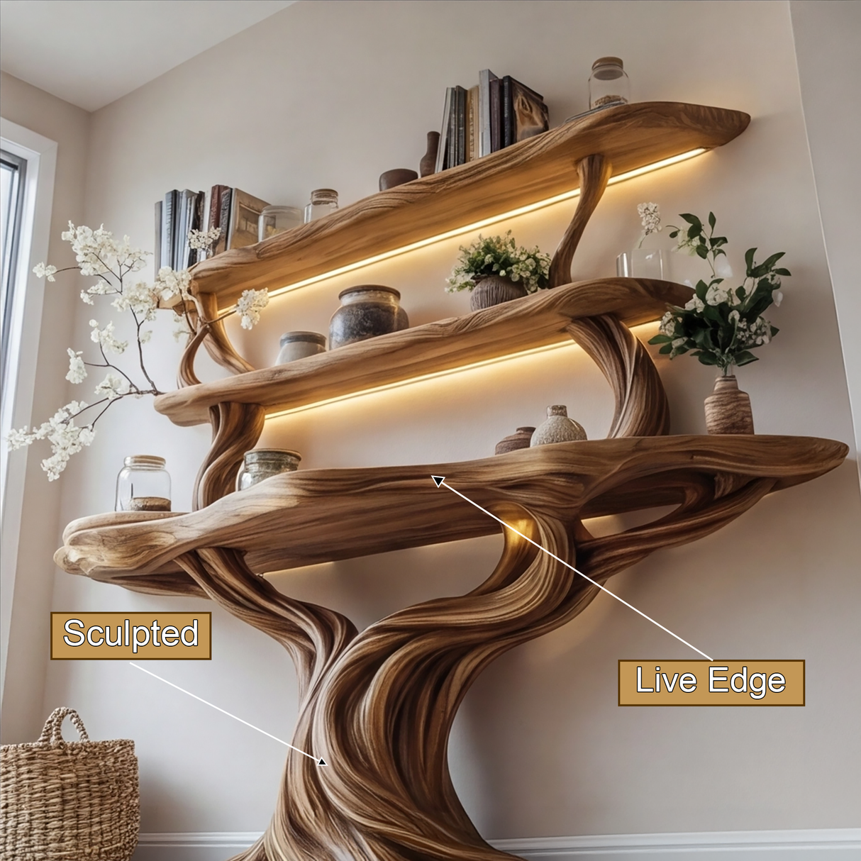Elowen Sculpted Solid Wood Console Table with Shelves - Timberustic Console Table with Shelves