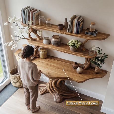 Elowen Sculpted Solid Wood Console Table with Shelves - Timberustic Console Table with Shelves