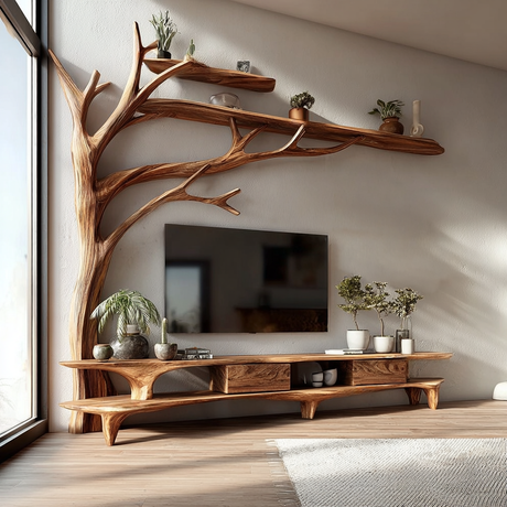 Elowen Tree Branch Live Edge Solid Wood TV Console - Timberustic TV Console with Tree Shelf
