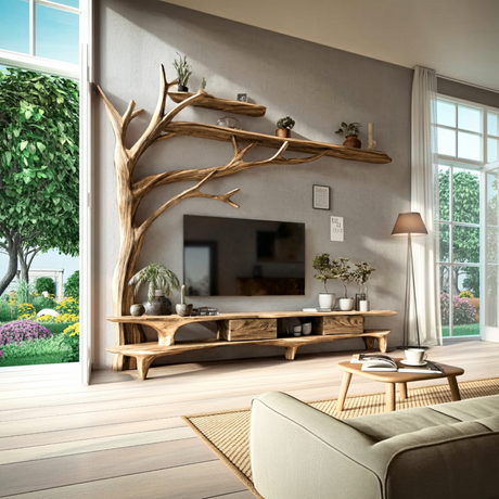 Elowen Tree Branch Live Edge Solid Wood TV Console - Timberustic TV Console with Tree Shelf